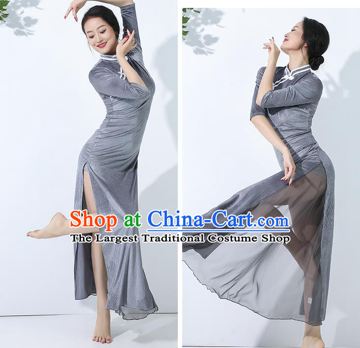 China Traditional Stage Performance Clothing Classical Dance Palace Fan Dance Grey Qipao Dress