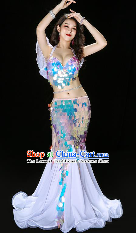 Traditional Indian Belly Dance Group Performance Costume Asian Oriental Dance Sequins White Fishtail Dress