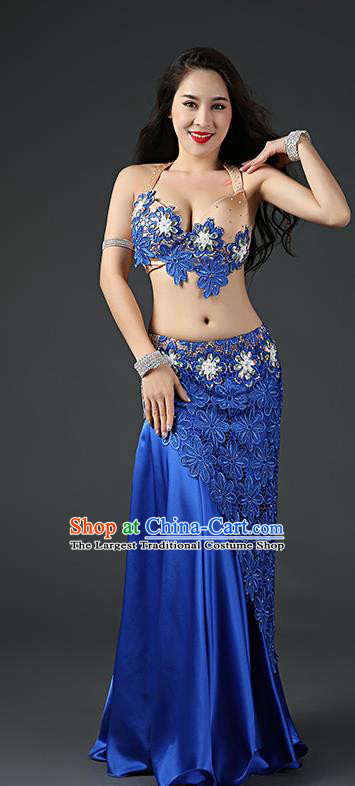 Traditional Indian Belly Dance Stage Performance Outfits Clothing Asian Oriental Dance Embroidered Bra and Royalblue Skirt