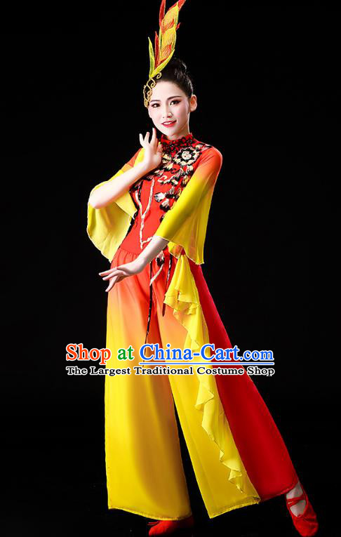 Chinese Traditional Folk Dance Fan Dance Clothing Yangko Dance Performance Yellow Outfits
