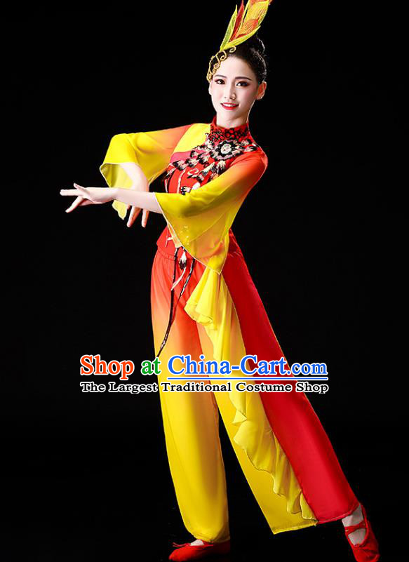 Chinese Traditional Folk Dance Fan Dance Clothing Yangko Dance Performance Yellow Outfits