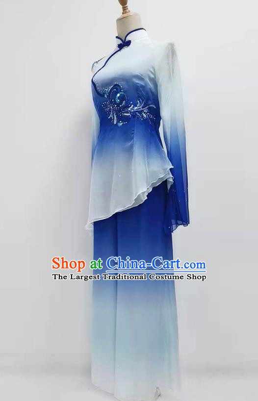 Chinese Yangko Dance Performance Blue Outfits Jiaozhou Fan Dance Folk Dance Clothing