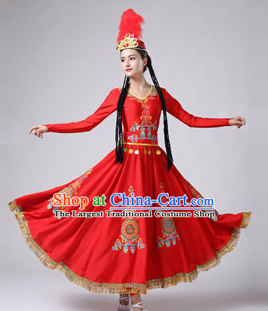 Chinese Xinjiang Ethnic Stage Performance Clothing Traditional Uyghur Nationality Folk Dance Red Dress