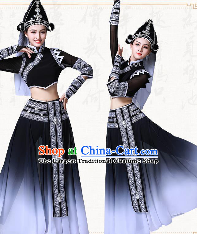 Chinese Yunnan Ethnic Stage Performance Clothing Traditional Dai Nationality Folk Dance Black Dress Outfits