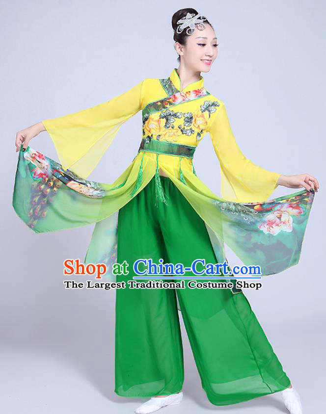 China Folk Dance Clothing Fan Dance Costume Spring Festival Gala Yangko Dance Printing Green Outfits