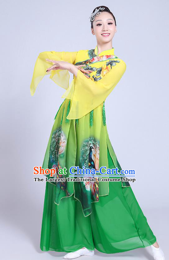 China Folk Dance Clothing Fan Dance Costume Spring Festival Gala Yangko Dance Printing Green Outfits