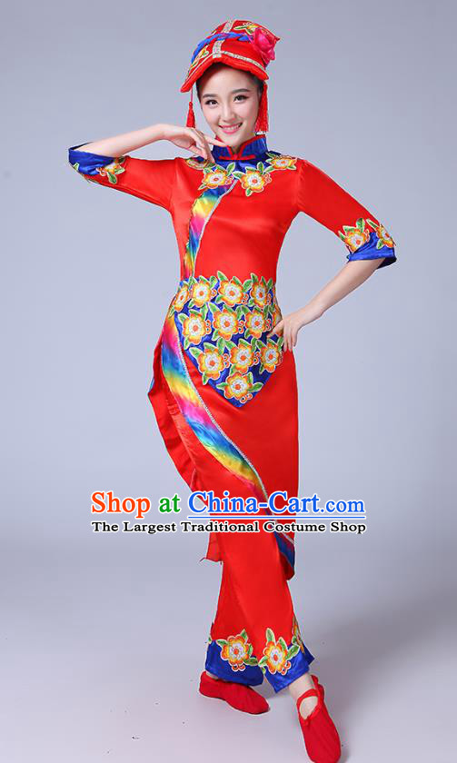 Chinese Yi Ethnic Folk Dance Red Outfits Traditional Nationality Folk Dance Clothing