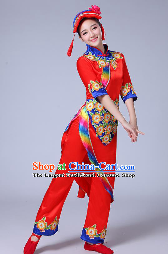 Chinese Yi Ethnic Folk Dance Red Outfits Traditional Nationality Folk Dance Clothing