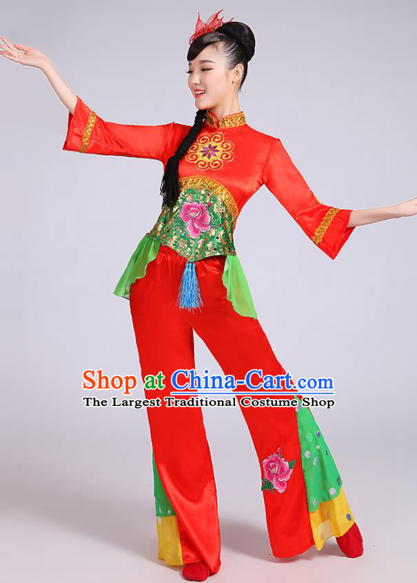 China Yangko Dance Red Outfits Folk Dance Clothing Fan Dance Stage Performance Costume