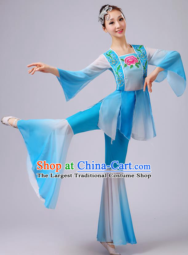China Fan Dance Costume Yangko Dance Embroidered Peony Blue Outfits Folk Dance Stage Performance Clothing