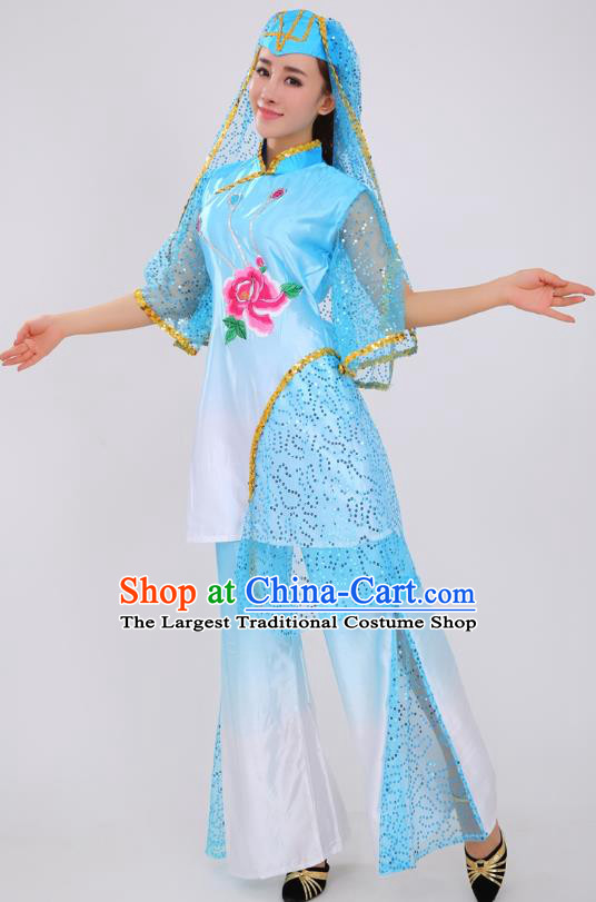 Chinese Ningxia Ethnic Folk Dance Blue Outfits Traditional Hui Nationality Female Stage Performance Clothing