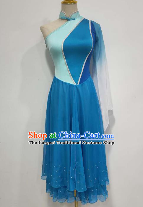China Yangko Dance Clothing Folk Dance Costume Fan Dance Blue Dress