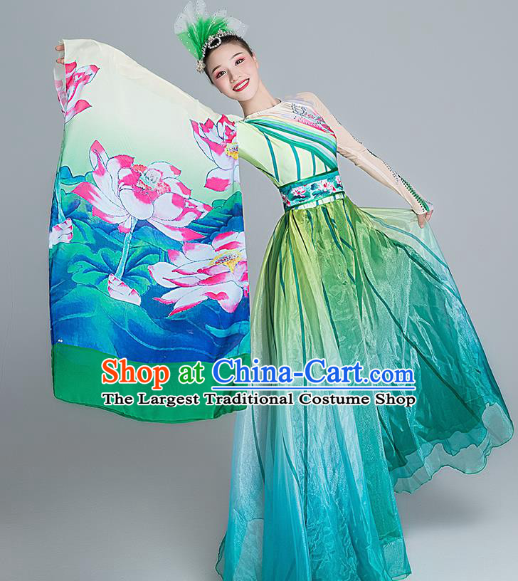 China Lotus Dance Green Dress Group Dance Stage Performance Costume Classical Dance Clothing