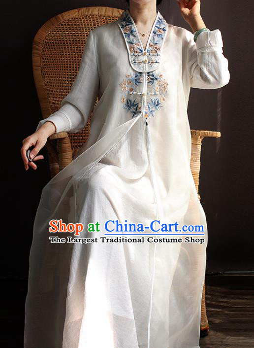 China Embroidered White Flax Qipao Dress Classical Dance Cheongsam National Women Zen Clothing