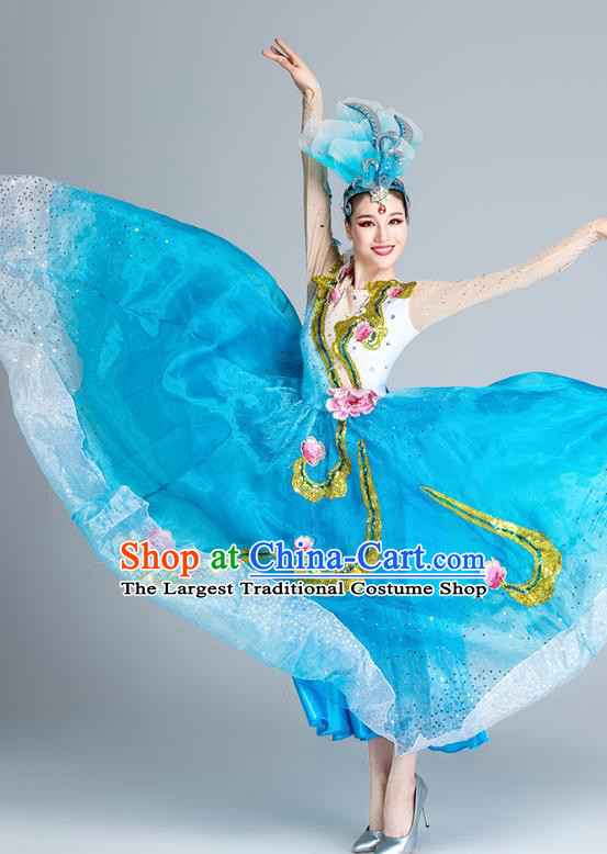 China Modern Dance Clothing Peony Dance Costume Opening Dance Stage Performance Blue Dress