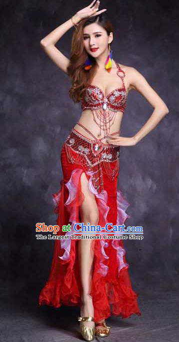 India Female Oriental Dance Clothing High Indian Belly Dance Stage Performance Diamante Red Bra Outfits