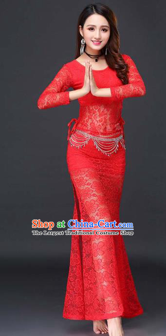 Indian Traditional Belly Dance Red Lace Uniforms Asian India Raks Sharki Blouse and Skirt Clothing