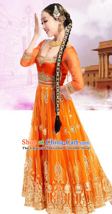 Asian India Stage Performance Embroidered Costumes Indian Bollywood Dance Orange Anarkali Dress