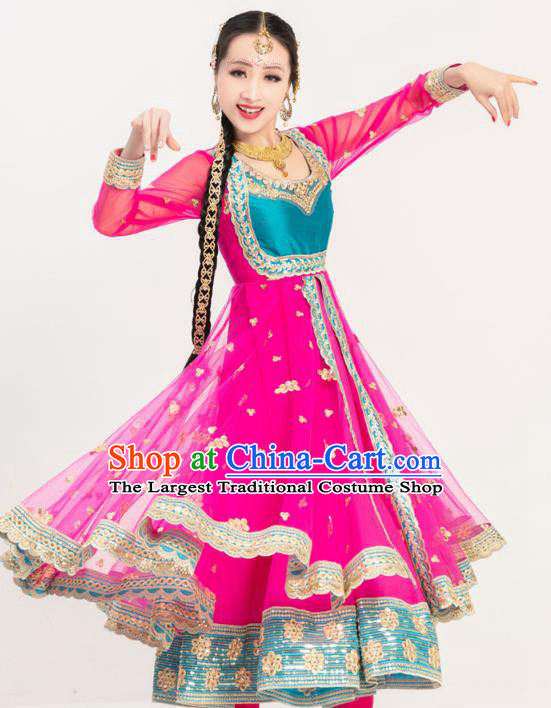 Asian India Folk Dance Embroidered Costumes Indian Bollywood Performance Anarkali Rosy Dress