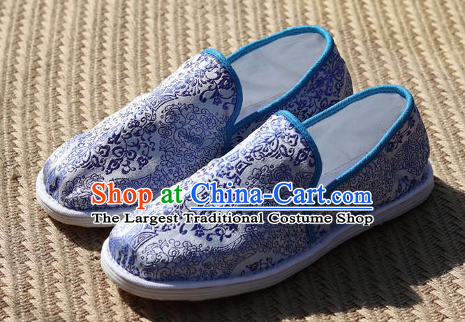 Chinese Handmade Blue and White Porcelain Shoes Brocade Shoes Traditional Martial Arts Shoes