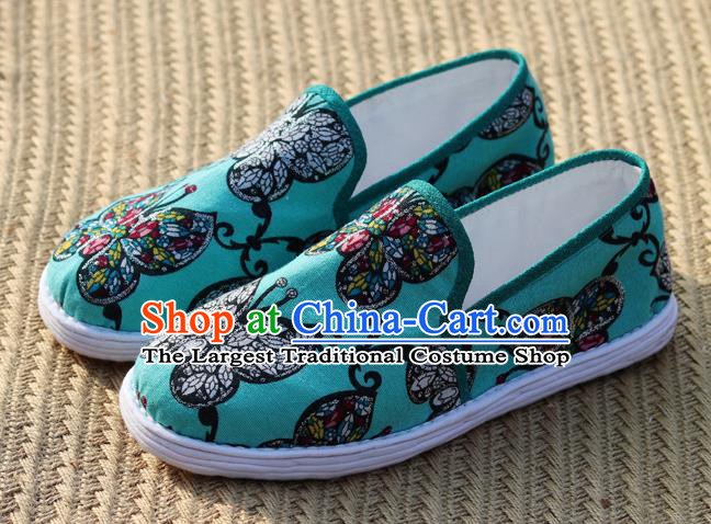 China Handmade Layered Cotton Sole Shoes National Woman Printing Butterfly Green Flax Shoes