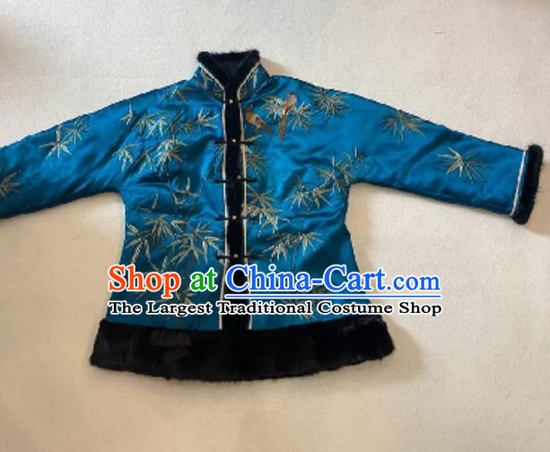 Chinese Winter Female Costume National Cotton Wadded Coat Embroidered Bamboo Leaf Blue Silk Jacket