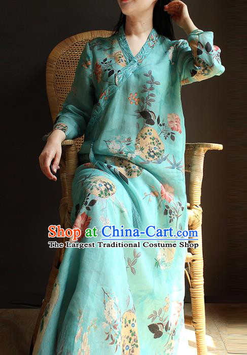 China Traditional Slant Opening Qipao Dress Classical Printing Blue Flax Cheongsam National Women Clothing