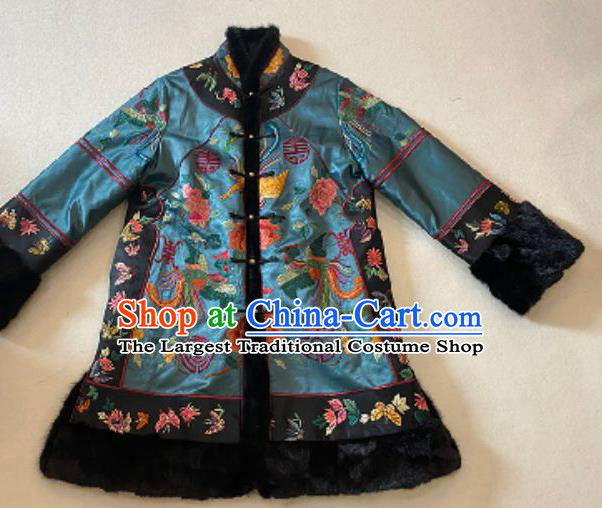 Chinese Embroidered Phoenix Peony Blue Silk Jacket National Cotton Wadded Coat Female New Year Costume