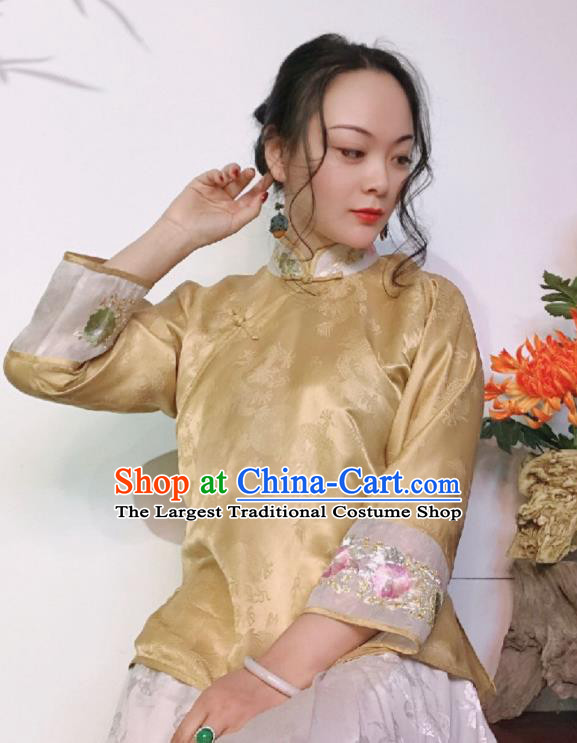 Chinese National Cheongsam Shirt Traditional Embroidered Light Golden Silk Blouse