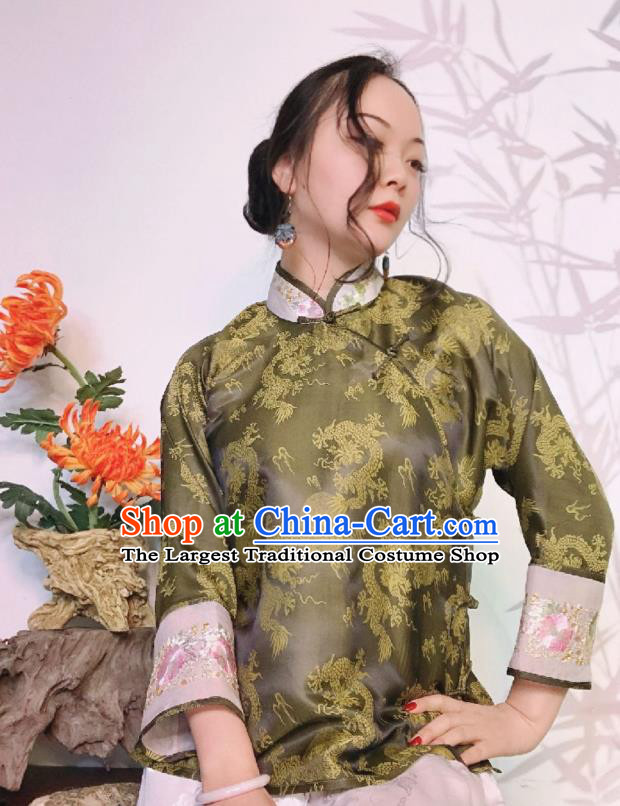 Chinese National Embroidered Olive Green Silk Blouse Traditional Cheongsam Shirt Upper Outer Garment
