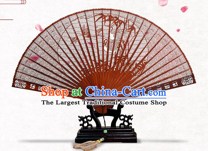 Chinese Rosewood Carving Crane Fan Handmade Hollow Folding Fan Classical Accordion