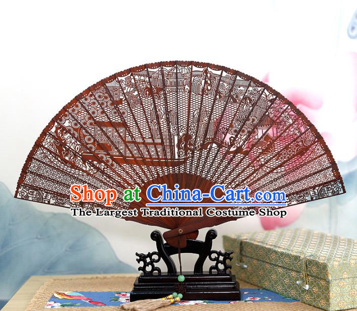 Chinese Handmade Hollow Folding Fan Classical Accordion Rosewood Carving Fan
