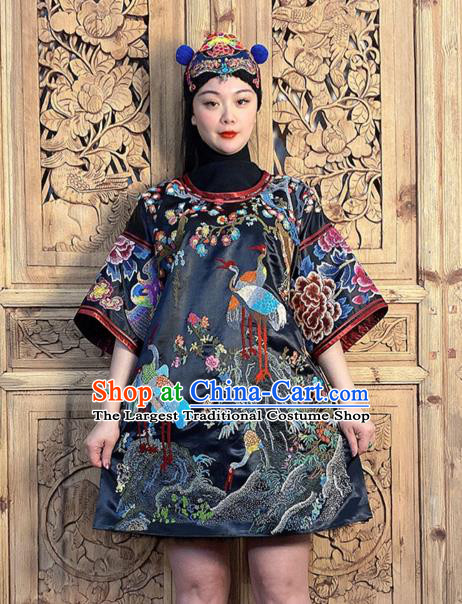 China Hand Embroidery Crane Peony Black Silk Dress National Ethnic Embroidered Costume