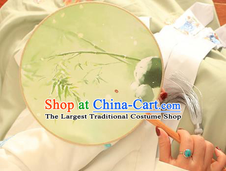 China Handmade Light Green Silk Circular Fan Traditional Printing Bamboo Palace Fan Classical Dance Fan