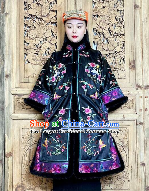 Chinese Traditional Tang Suit Black Silk Clothing Woman Embroidered Peony Butterfly Cotton Wadded Coat