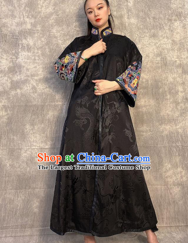 Chinese Traditional Women Clothing Long Gown Outer Garment Embroidered Black Silk Coat