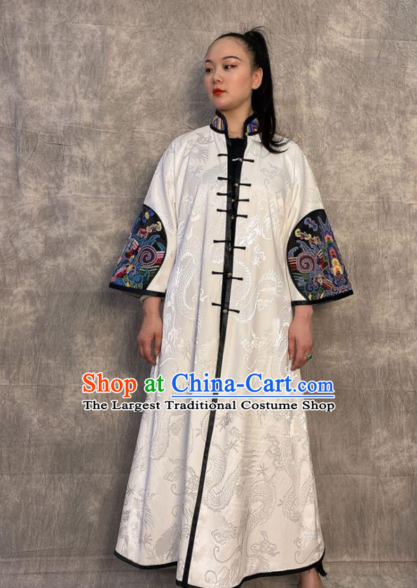 Chinese Outer Garment Long Gown Embroidered White Silk Coat Traditional Women Clothing