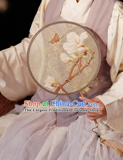 China Classical Painting Mangnolia Beige Silk Fan Handmade Palace Fan Traditional Ming Dynasty Princess Circular Fan