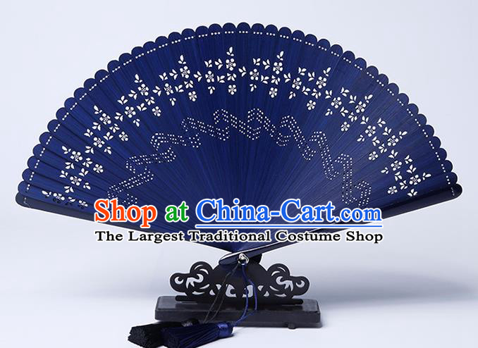Chinese Handmade Hollow Sakura Fan Traditional Blue Bamboo Accordion Classical Dance Folding Fan