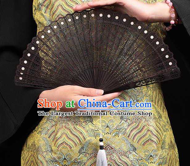 Chinese Handmade Hollow Peacock Feather Fan Classical Dance Folding Fan Traditional Black Sandalwood Accordion
