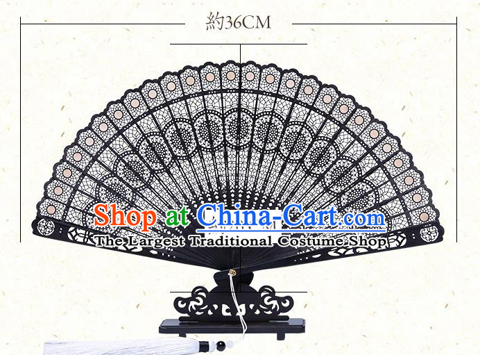 Chinese Handmade Hollow Peacock Feather Fan Classical Dance Folding Fan Traditional Black Sandalwood Accordion