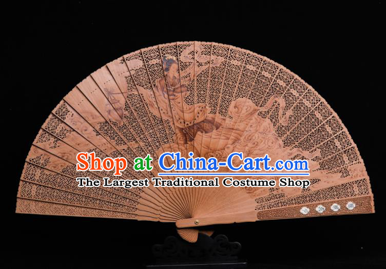 Chinese Handmade Carving Goddess Folding Fan Hollow Accordion Classical Sandalwood Fan