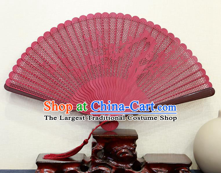 Chinese Classical Folding Fan Traditional Carving Plum Red Bamboo Accordion Handmade Hollow Fan
