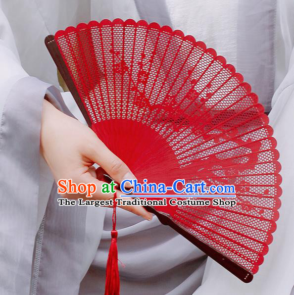 Chinese Classical Folding Fan Traditional Carving Plum Red Bamboo Accordion Handmade Hollow Fan