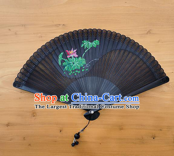 Chinese Handmade Painting Lotus Hollow Fan Traditional Black Bamboo Accordion Classical Tai Chi Folding Fan