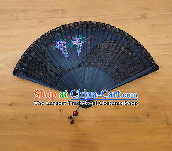 Chinese Classical Tai Chi Folding Fan Handmade Painting Wisteria Hollow Fan Traditional Black Bamboo Accordion