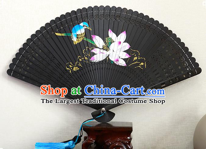 Chinese Kung Fu Folding Fan Handmade Hollow Black Bamboo Fan Traditional Printing Lotus Fan