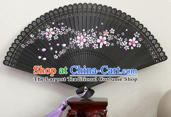 Chinese Traditional Kung Fu Folding Fan Handmade Hollow Black Bamboo Fan Printing Sakura Fan