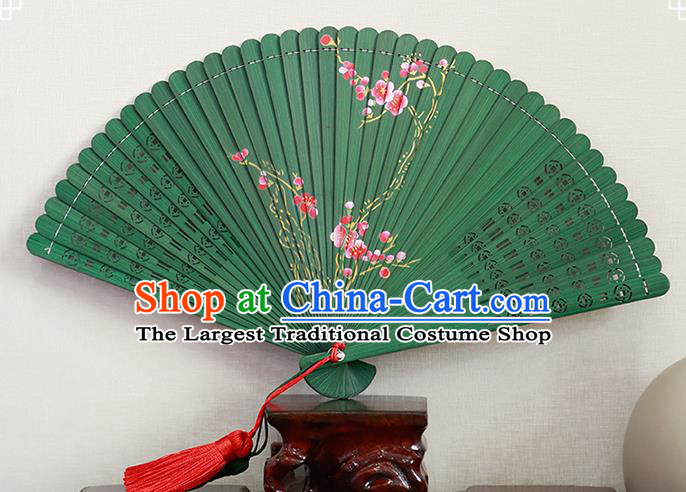 Chinese Printing Plum Blossom Folding Fan Traditional Kung Fu Fan Handmade Hollow Green Bamboo Fan