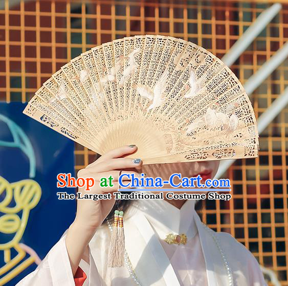 Chinese Handmade Sandalwood Folding Fan Hollow Accordion Classical Printing Cranes Fan